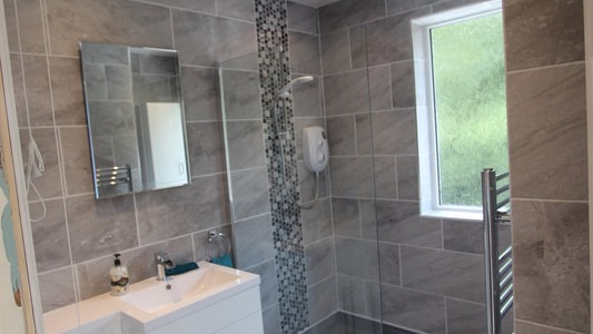 Walk-in shower with mosaic tile strip